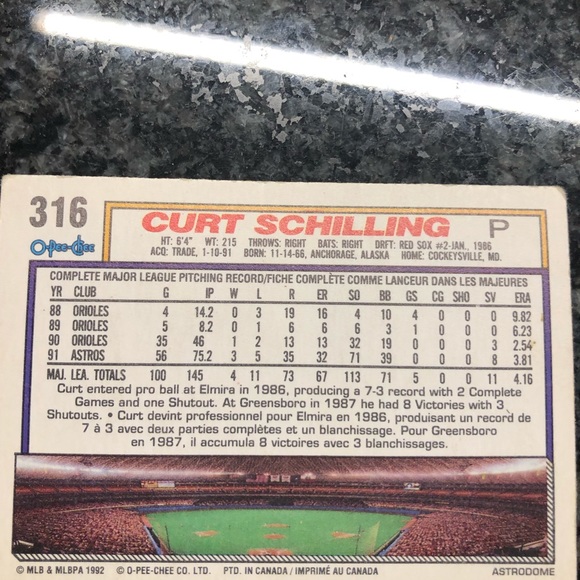 Curt Schilling O-Pee-Chee 1992 #316 baseball card!!! - Picture 2 of 2